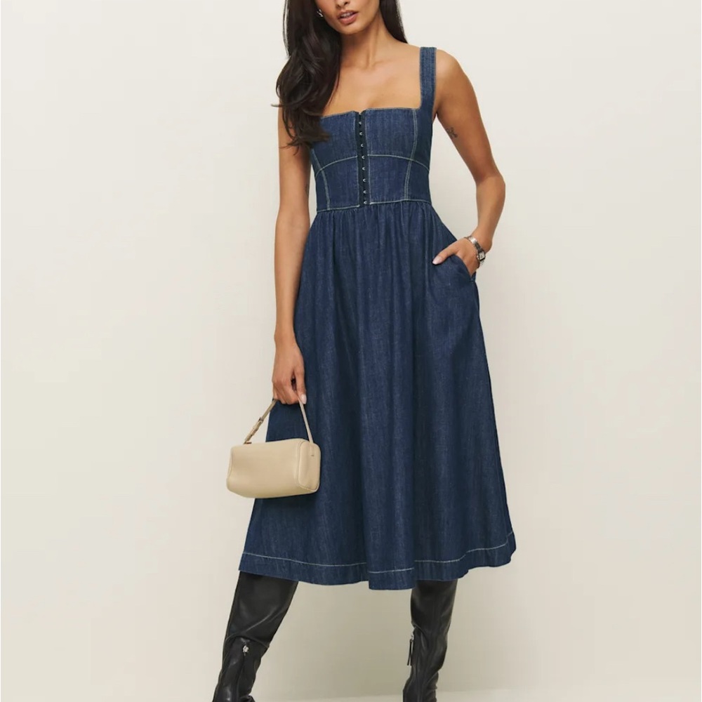 Reformation Tagliatelle Denim Midi Dress Blue - Size 8